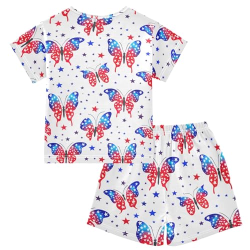 CHIFIGNO Red Blue Butterflies Stars Summer Pajama Set, Short Sleeve Cozy Pj's with Pocket, Ages 52