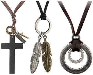Cupimatch 3pcs Double Ring Angel Feather Alloy Pendant Leather Necklace, Adjustable Wood Cross Crucifix Vintage Cord Necklace Chain for Men Brown Black