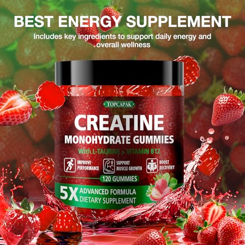 Image of Creatine Gummies for Men & Women - Chewable Creatine Gummy with Taurine & Vitamin B12, 5g Creatine Monohydrate per Serving, 120 Gummies - Strawberry Flavor, Raspberry-Shaped | Strawberry Raspberry-Shaped Chews Infused with Taurine & Vitamin B12,Vegan