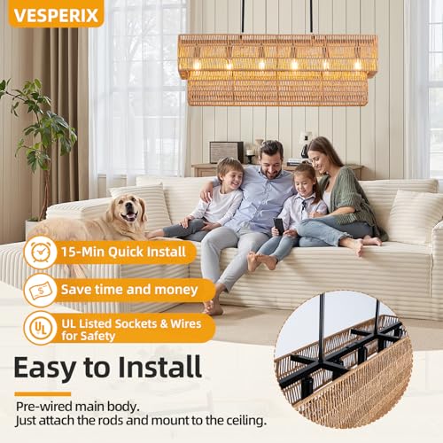 VESPERIX 34" Large Rattan Chandelier, 6-Light Boho Chandelier for Dining Room Lighting Fixtures, Rectangle Handwoven Hanging Light for Kitchen Island, Bedroom, Foyer, Living Room (Bulb Not Included)