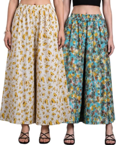 Image of Women Printed Palazzo Pants Combo Pack of 2, Comfortable Elastic Waist Lounge Pants for Women | Relaxed Fit, Loose Fitting Wide Leg Palazzo Pants, Casual Bottom (Available in S to 3XL Size)