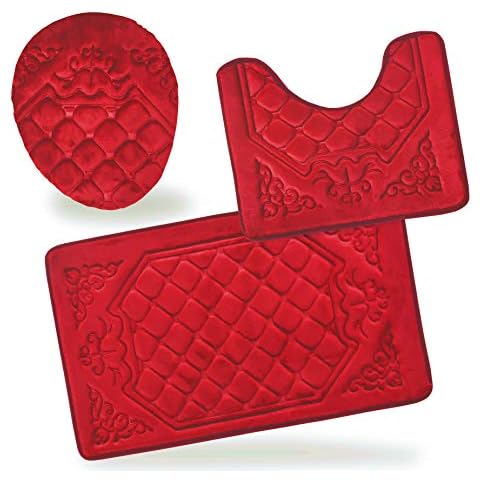 All American Collection 3PC Memory Foam Bath Mats Soft Plush Crown Design Anti-Slip Shower Bathroom Contour Toilet Lid Cover Rugs (Red) Cover