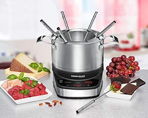 Foto von ROMMELSBACHER Elektro Fondue Set F 1200 - Fonduetopf aus Edelstahl (2,5 Liter), 6 Fonduegabeln, 3 Programme, extra langes Kabel, hohe Temperaturgenauigkeit, 1200 Watt