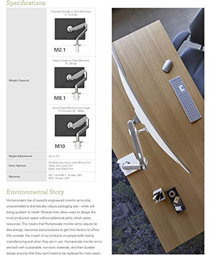 Image of Humanscale M8.1 Adjustable Monitor Arm with Two Piece Clamp Mount and Base - Silver M81CMSBTB