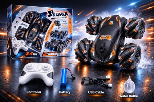 Image of Eli & Chi 360 RC Drift Stunt Car with Smoke Effect & LED Lights | Double-Sided Remote Control Car for Kids 5-15 Years | 30M Range | Rechargeable Battery | All Terrain Toy Car for Boys & Girls