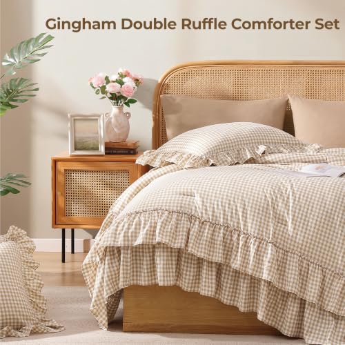 Image of AMBERSPACE Queen Comforter Set Gingham Ruffle Tan 7 Pieces Bed in a Bag
