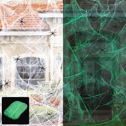 FHWTY 1000 Sqft Glow Spider Webs Halloween Decorations with 50 Fake Spiders, Fluorescent Stretch Spider Web for Halloween Decor Outdoor, Party and Haunted House