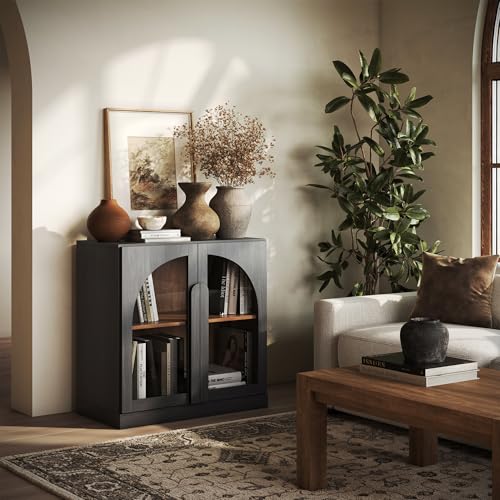 Image of BELLEZE Bijou 31.5 inch Modular Sideboard Cabinet - Expandable Design w /Arched Glass Doors - Use Solo or Combine for Buffet, Living Room Media Center & Entryway - 70lbs Capacity, Ebony