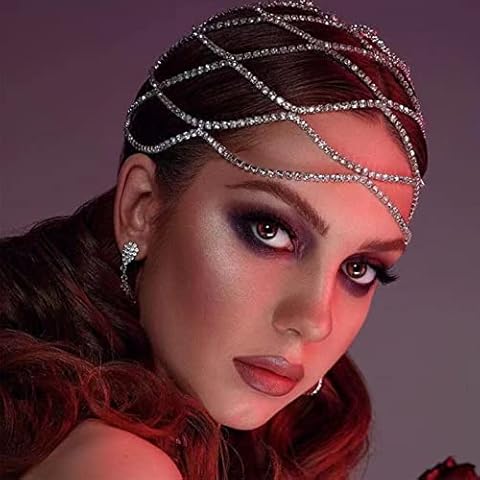 NICENEEDED Rhinestones Mesh Headpiece Cap with 2 Clips, 20s Bling Crystal Flapper Head Chain, Silver Beaded Cap HeadPiece Bridal Party Hair Accessories for Women Girls Party Nightclub Cover