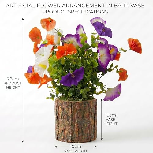 Image of Dekorly Artificial Morning Glory Flower with Real Wooden Vase (28CM Overall Height) | Decorative Lifelike Faux Floral Plant in Rustic Tree Log Pot for Living Room (Morning Glory Flower)