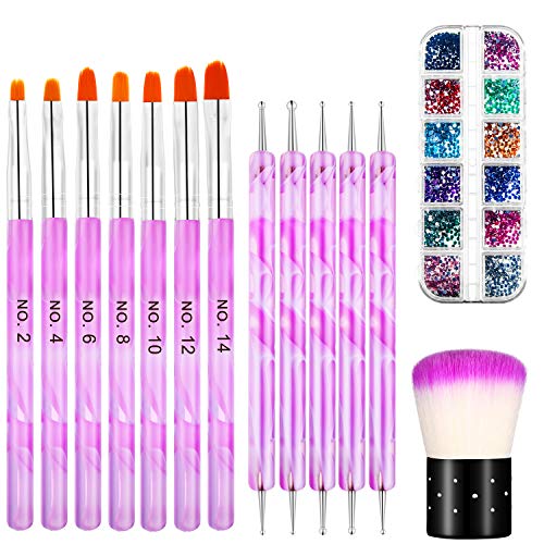 14 Pack UV Gel Acrylic Nail Art Brush with Color Rhinestone Set, Nail Art Builder Painting Brushes, 2-Way Nail Art Dotting Pens and Dust Powder Remover Brush for Acrylic Nail Gel Supplies