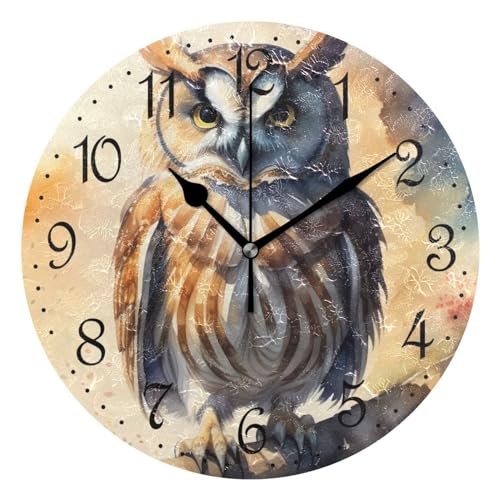Mnsruu Horloge murale mignonne chouette aquarelle, silencieuse, sans tic-tac, horloge murale décorative à piles 25 x 25 cm