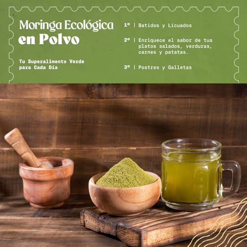 NaturaleBio Moringa Oleifera Ecológica en Polvo - Grado Premium - 200g. Organic Powder. Bio, Natural y Pura. Hojas Recogidas de la Planta de Moringa Oleífera.