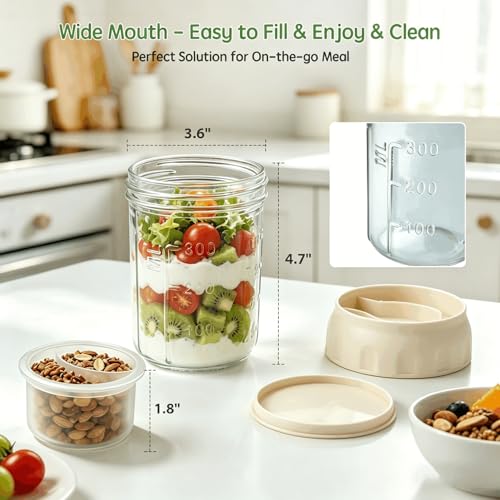 Image of Overnight Oats Containers with Lids and Spoon 2 Pack, 16oz Leakproof Glass Oat Over night Jar with Seperate Compartment for Fruit & Nuts, Mason Jars for Oatmeal Yogurt Chia Seed Pudding Meal Prep