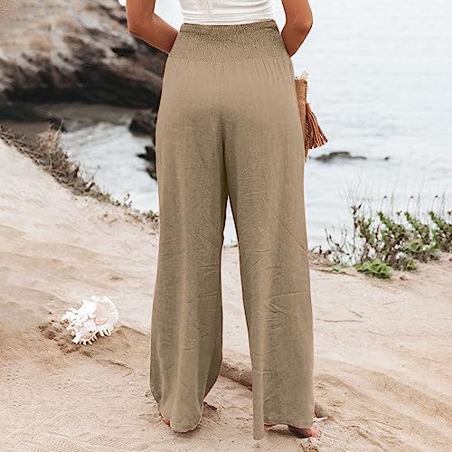 Wide Leg Linen Pants Women Straight Leg Solid Color Casual High Waisted Boho Pants Beach Summer Breathable Plain Trousers4