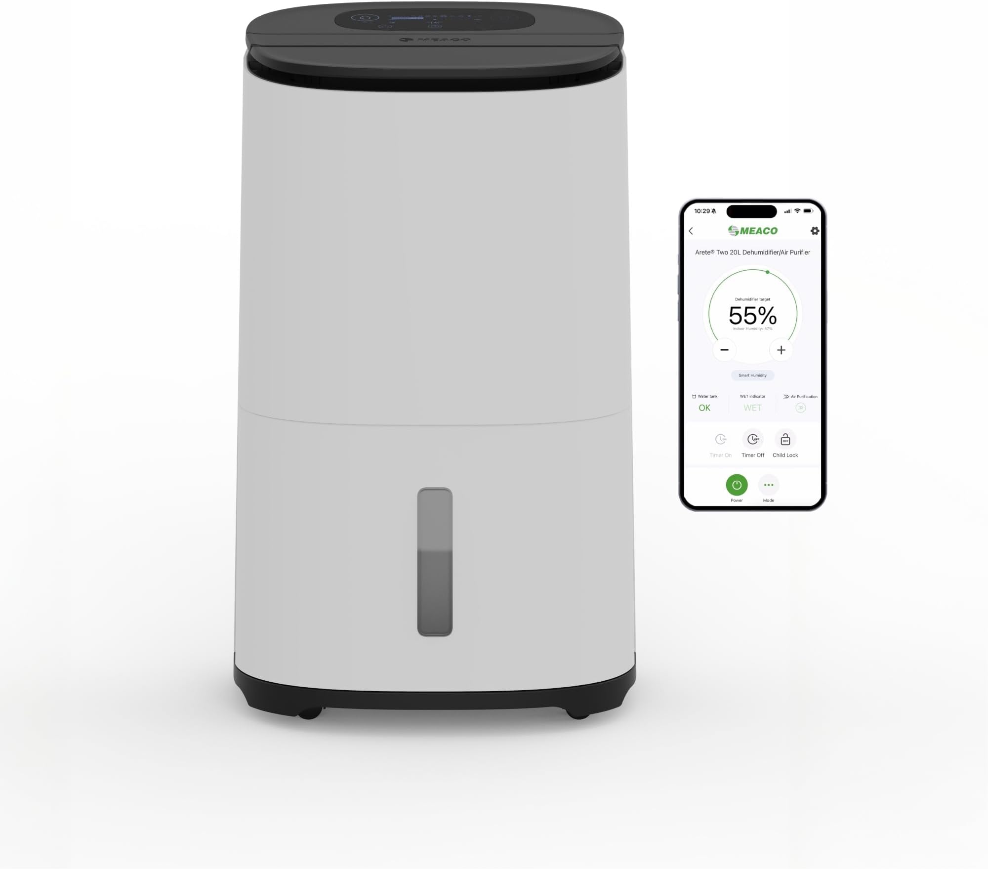 Meaco MeacoDry Arete® Two 20L Dehumidifier & HEPA H13 Air Purifier, Wi-Fi Meaco App, Smart humidity mode, Laundry mode, Low Energy, Low Noise, Prevents Damp & Mould, 5x year warranty