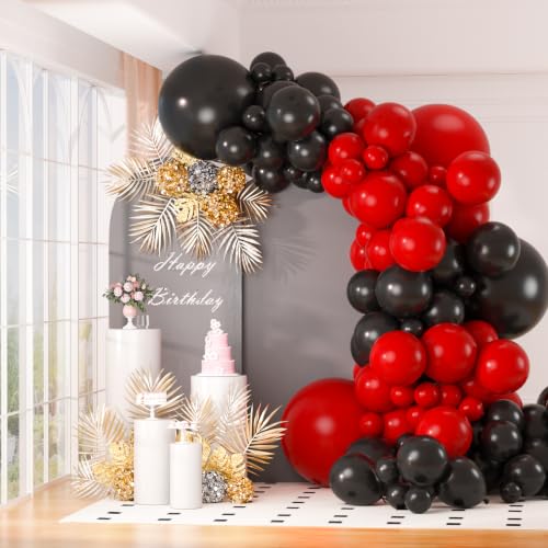 Image of 130pcs 18 /12 /10 /5 Inch Matte Black and Red Latex Balloon Garland Arch Kit