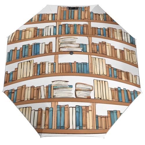 Book Shelves Collection and Ladder_83871277 Print 3 Fold Auto Umbrella Waterproof and Wind-Resistant, Ideal Gift for Travel and Outdoor Activities