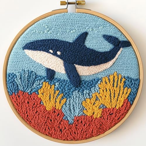 DIY Punch Needle Kits Whale and Corals Easy for Beginners Punch Needle Embroidery Set with Hoop Stamped Pattern for Craft Lovers and Home Decor-3