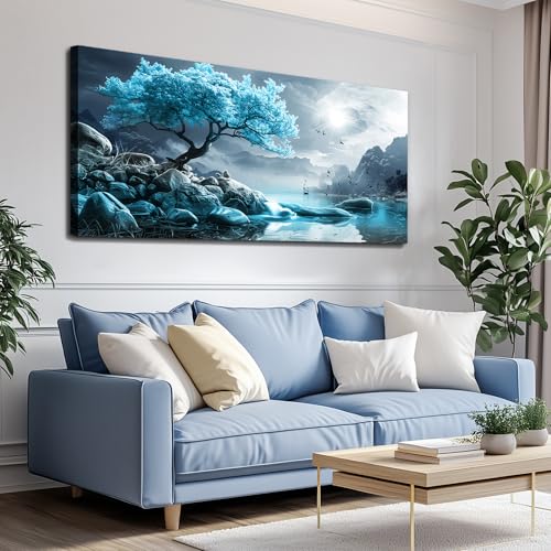 KELIYUAN Canvas Wall Art For Living Room Large Wall Decor For Bedroom Blue Tree Landscape Painting Black And White Wall Pictures Artwork Office Works Frame Canvas Art Modern Home Decoration 24x48in