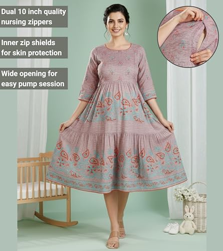 Image of DUMMY SHAPE Feeding Kurtis for Women Cotton Blend | Printed Pregnancy Flare Kurta with Dual Nursing Zippers to Pre & Post Partum | Maternity Dresses | Gifts for Pregnant Woman