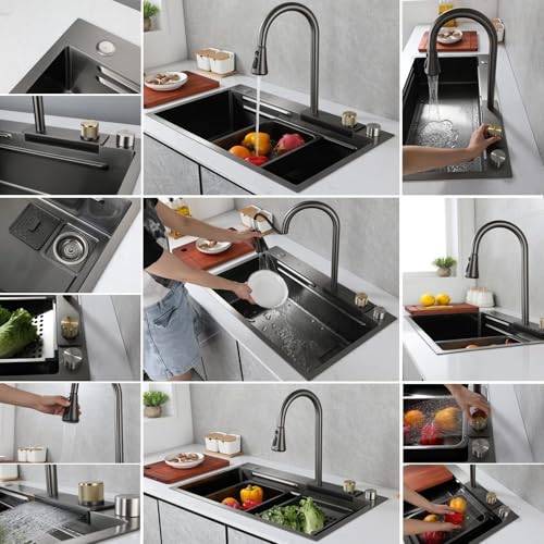 Évier de cuisine en acier inoxydable avec robinet cascade et accessoires