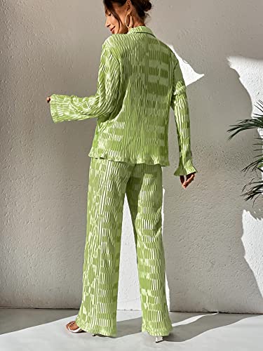 Wdirara Women's Zebra Print Button Drop Shoulder Long Sleeve Blouse And Pants 2 Piece Outfit Set Solid Textured Mint Green M #TOP1