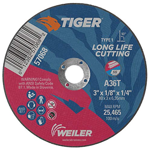Image of Weiler 57068 3-Inch Cutting Wheel, Tiger AO Steel /Metal Long Life, Performance Cutting, 1 /8 inch A36T Type 1 1 /4 inch Arbor (Pack of 100)