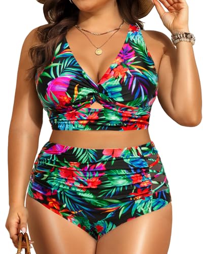 Women's Plus Size Two Piece Swimsuits - High Waisted Bikini Tummy Control Bathing Suits 2025 Twist Knot Swimwear Floral 16W