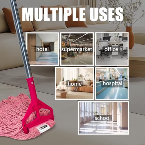 Image of Commercial Cotton Mop Heavy-Duty Industrial with 2 Replacement Heads 152 cm Handle Replacement mop Head (Pink)