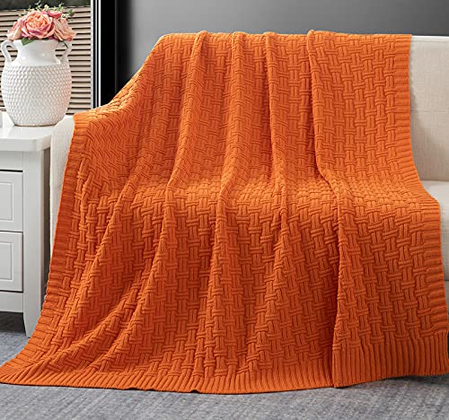 Rudong M Orange Cotton Cable Knit Throw Blanket, Cozy Warm Knitted Couch Cover Blankets, 60 X 80 Inch #TOP3