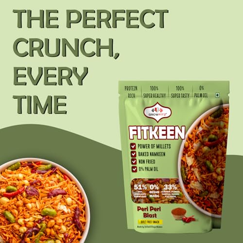 Image of GROWFITZ Baked Namkeen Mixture 200g | Peri Peri Flavor | Non-Fried Millet Snack | 0% Palm Oil | 12.4g High Protein | Healthy Tea-Time Snack (200gram - Pack of 2, Peri Peri Spicy)