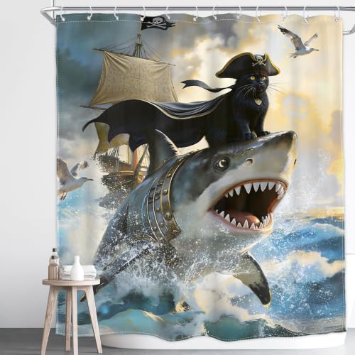 Image of Funny Black Cat Shower Curtain Kids Cute Animal Riding Shark Hilarious Surfing Cool Beach Ocean Waves Pirate Ship Cartoon 72Wx72H Inch Boys Men Waterproof Polyester Fabric Bathroom Bathtub