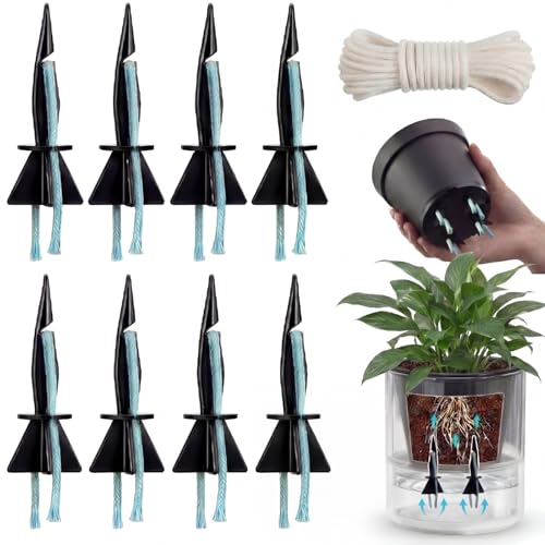Singhoow 8 Pack Self Watering Spikes for Indoor Outdoor Plants Automatic Plant Watering Stakes with 32.8ft Capillary Wick Rope DIY Vacation Waterer for Potted Plant Seedling Garden Pot (Small)
