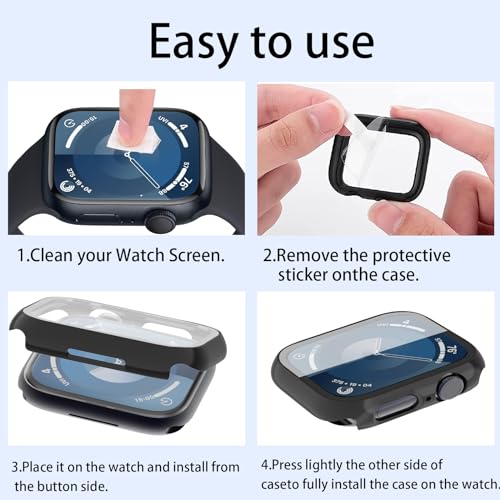 Pacote com 3 capas com protetor de tela de vidro temperado para Apple Watch série 41 mm 9/8/7, capa