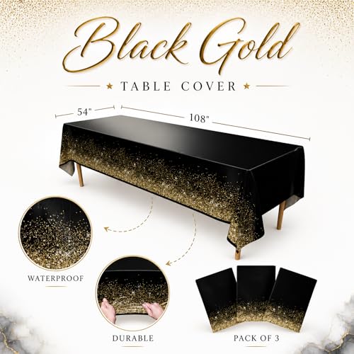 Image of Blue Orchards Black Gold Tablecover (Pack of 3) 108 inch x 54 inch - Elegant Party Decoration, Backdrop, Accent, Black and Gold Glitter Tablecloth for Parties, Birthday, Graduation, Wedding & Events