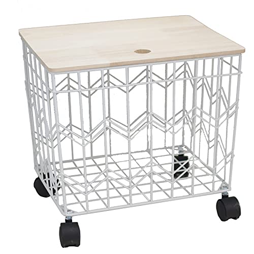 BERTY·PUYI Cesta de Almacenamiento Rectangular Taburete de Almacenamiento de Hierro con Cubierta de Madera 28 * 24 * 25 cm Cesta de Metal Blanco Taburete bajo Creativo