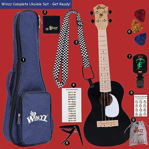 Winzz Ukulélé Adulte Debutant, Ukulélé Concert 23 Pouces, Kit Ukulélé Enfants avec Accordeur, Housse, Sangle, 9 Accessoires (Couleur : noir, en Bois) - Les Beatles, Paul McCartney, John Lennon, RIngo Starr, George Harrison Winzz Ukulélé Adulte Debutant, Ukulélé Concert 23 Pouces, Kit Ukulélé Enfants avec Accordeur, Housse, Sangle, 9 Accessoires (Couleur : noir, en Bois) – Image 8