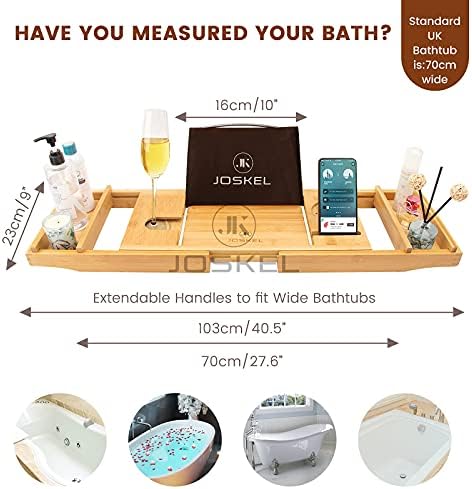 JOSKEL Wooden Bath Tray, Foot Brush and Soap Dish- Bath Caddy Wood with Extendable Bath board, Wine Glass Stand, IPad Holder for a Home-Spa Experience.(70cm enclosed,103cm extended) (Natural)
