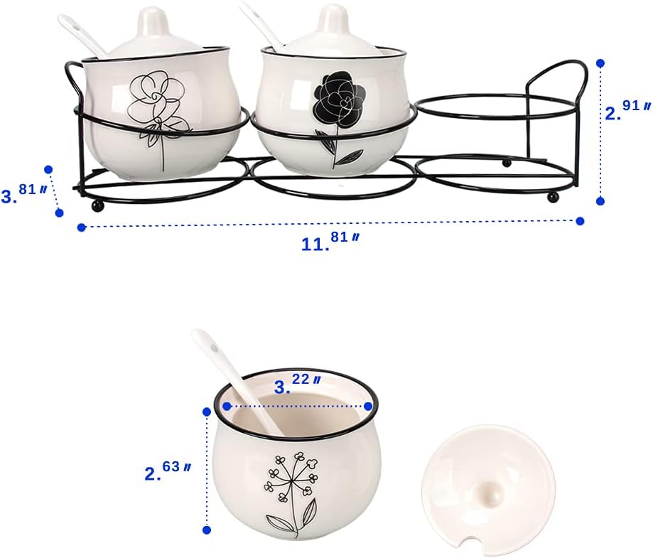 Ceramic Spice & sugar Jars, with Lids Spoons and Shelf,Porcelain Condiment Kitchen Jar Spice Container Set, 230 ML,3 Pcs