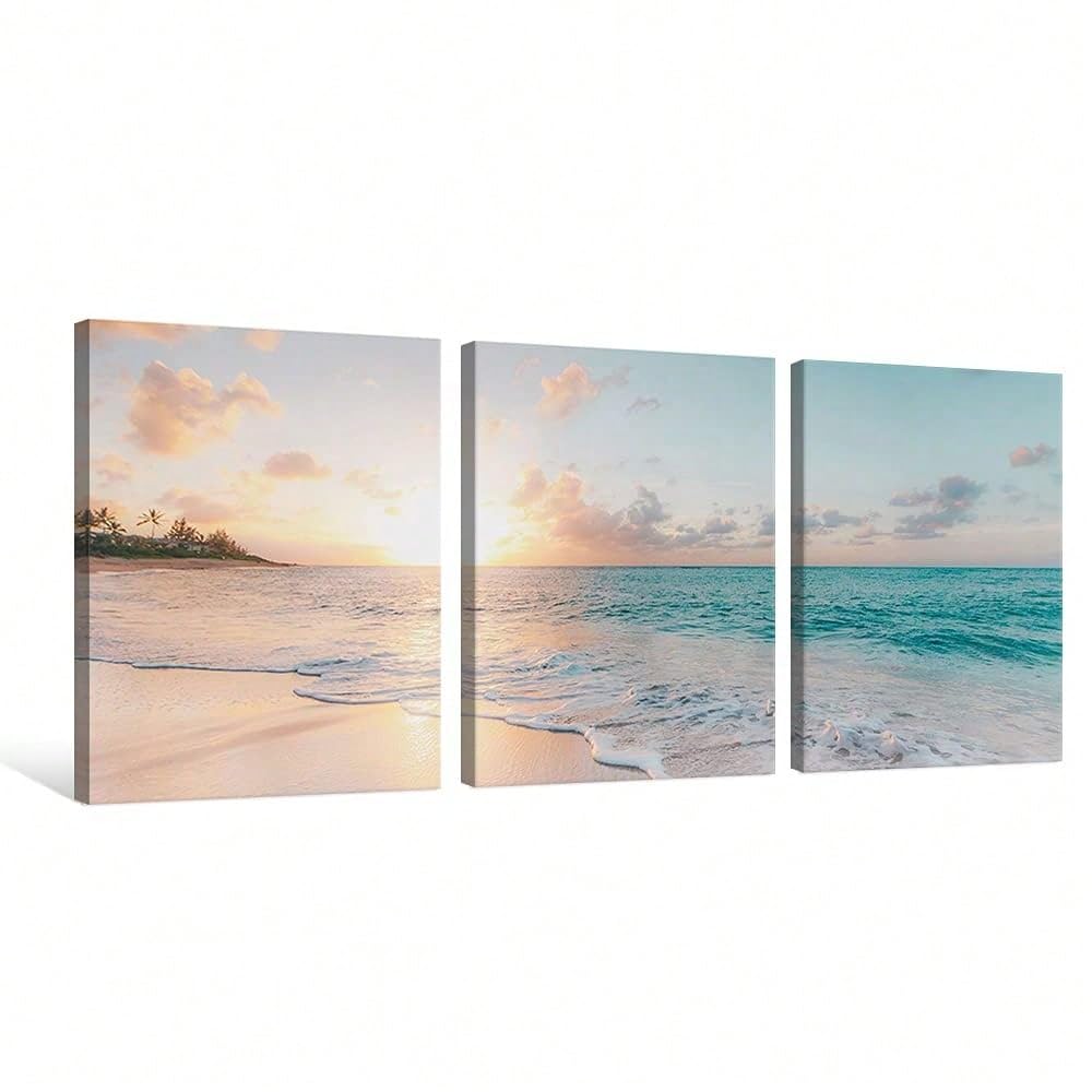 LIFKNVN Ocean Beach Sunset Canvas Wall Art - Modern Farmhouse Style Decor, Painting Artworks Pictures For Living Room(75x110cmx3/Without frame)