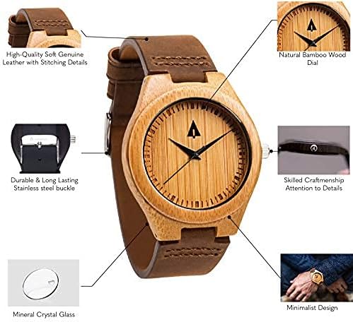 Vista 3 de Treehut Reloj de bambú de madera para hombre con correa de cuero genuino analógico de cuarzo..., Marrón Natural 1, Reloj de cuarzo