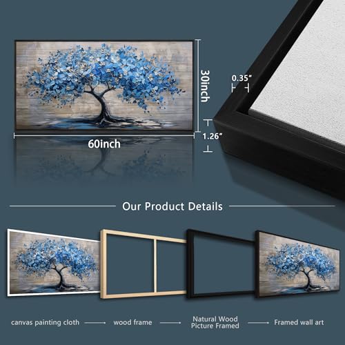 ERQINHUA Large Canvas Wall Decor For Living Room Farmhouse Wall Art For Bedroom Black Framed Mural Abstract Paintings Blue Tree Wall Pictures Artwork Office Decoration Dormitory Home Decor 30x60 In