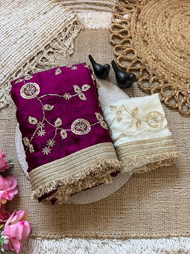 Image of 'Women's Space Sattin Bits Sequence Work Saree With Contrast Running Blouse | Embroidered Work Saree with Golden Floral Thread Work & Designer Border | Party Wedding Saree