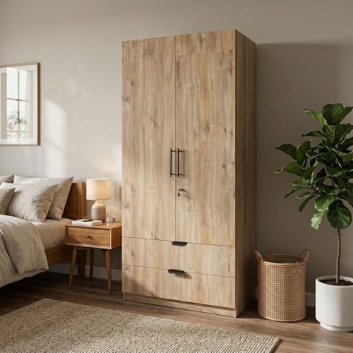 Image of FFO Keris 2 Door Wardrobe with 2 Drawers, Hanging Rod & Storage Shelves | Modern Clothes Almirah Cabinet with Lock & Black Handles for Home DIY.