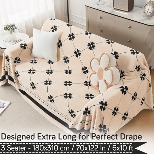 Image of HOKIPO Soft Plush Sofa Throw Cover for 3 Seater Sofa - Luxury All-Season Sofa Cover, 'Noirea Series' Floral Lattice (180x310 cm) (AR-6653-D4)