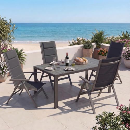 Devoko Ensemble de Table et Chaises de Jardin 5 Pièces, Composé Table 150 cm en Aluminium et 4 Chaises Pliantes, Table de Jardin avec Finition à Veine de...