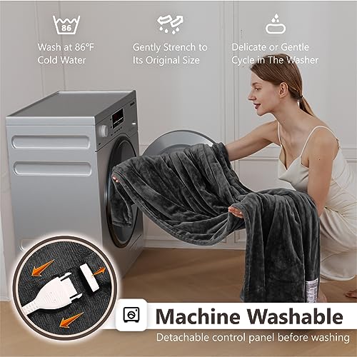 Image of Wapaneus Heated Blanket Full 72 inch x 84 inch Electric Throw 10 Heating Levels 12 Hours Time Setings and Auto-Shut Off, Flannel Fast-Heating Electric Blanket, Grey