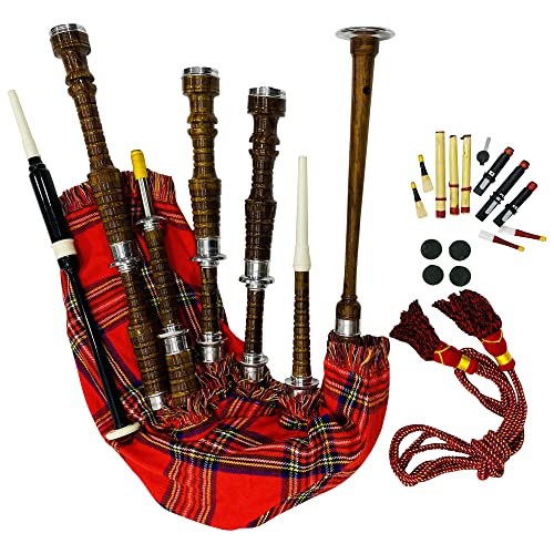 Great Scottish Highland Bagpipes Full Silver Mount Natural&Black Finish With Bag (Royal Stewart Natural Finish) #TOP2