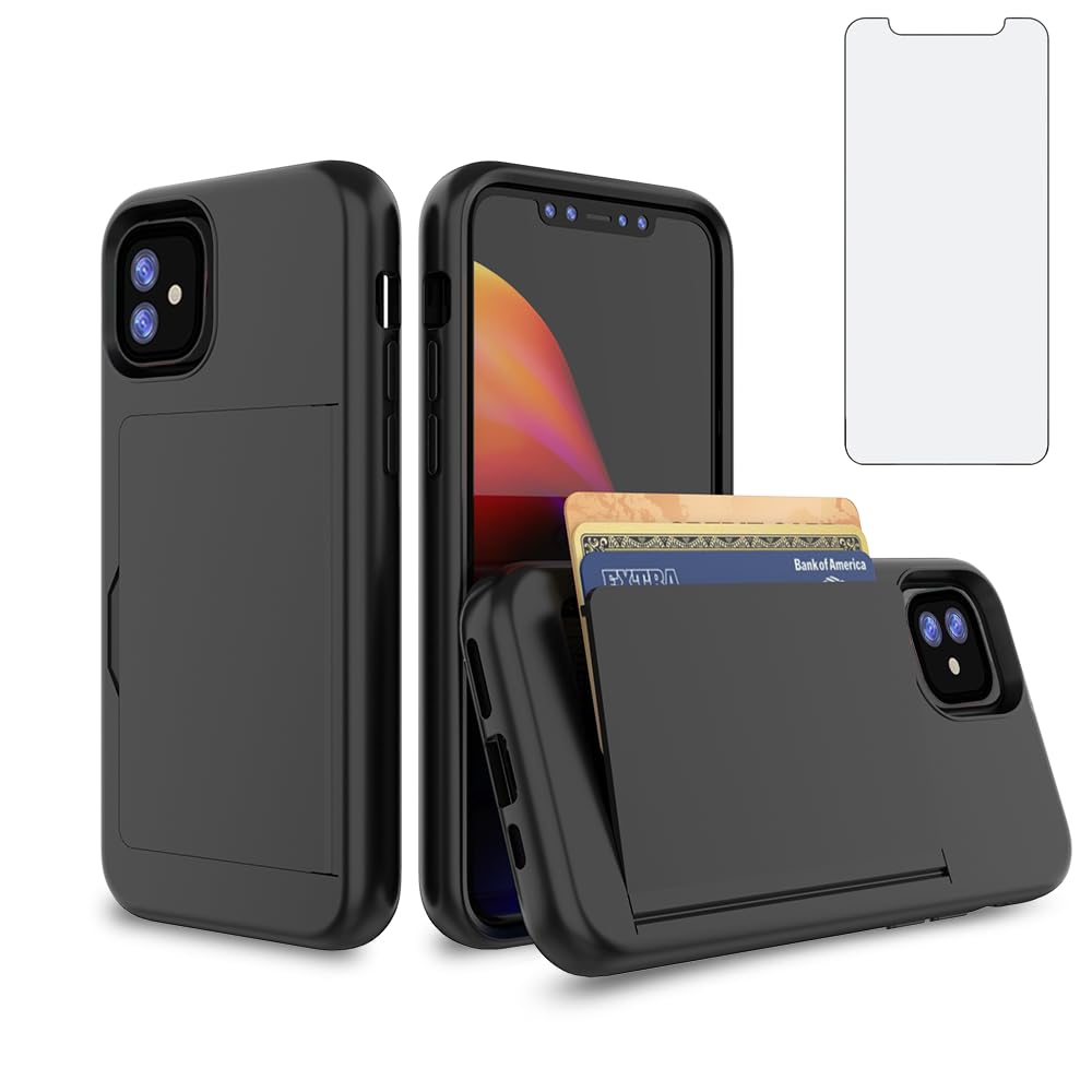 Asuwish Phone Case for iPhone 11 6.1 with Tempered Glass Screen Protector Cover and Card Holder Slot Kickstand Cell Accessories Slim iphone11case